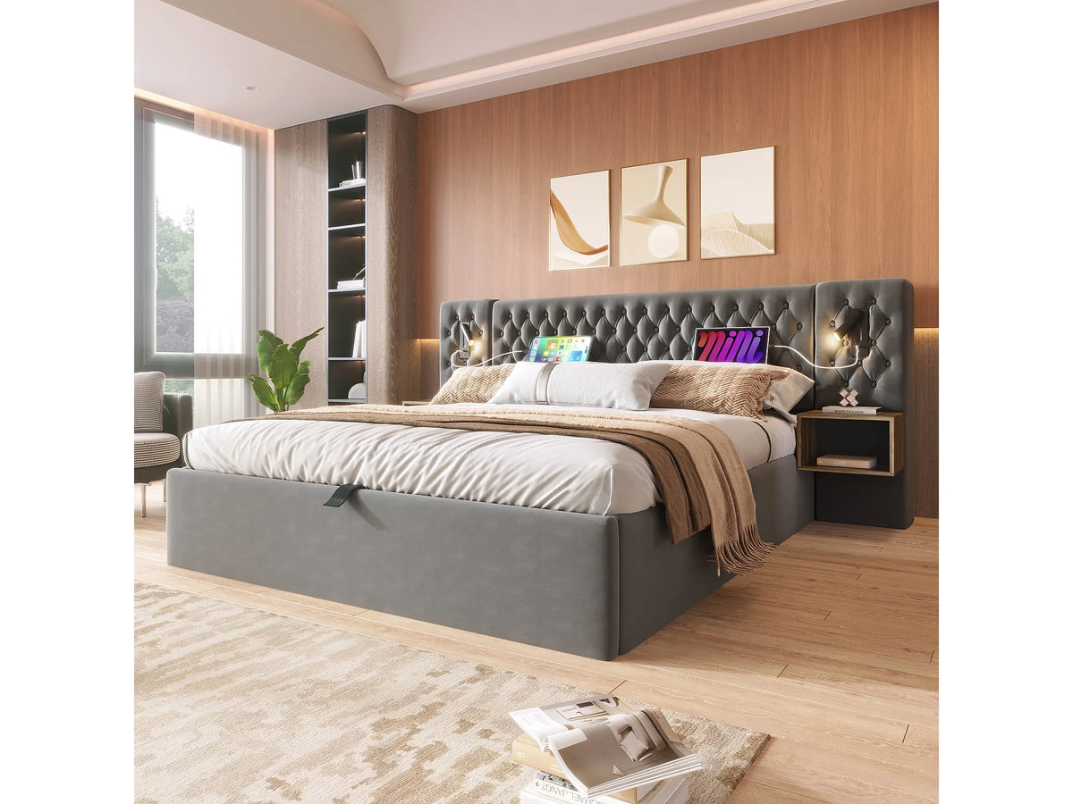 Lit Coffre 160x200 Velours Gris avec Chevets, LED et Port USB — vue 3