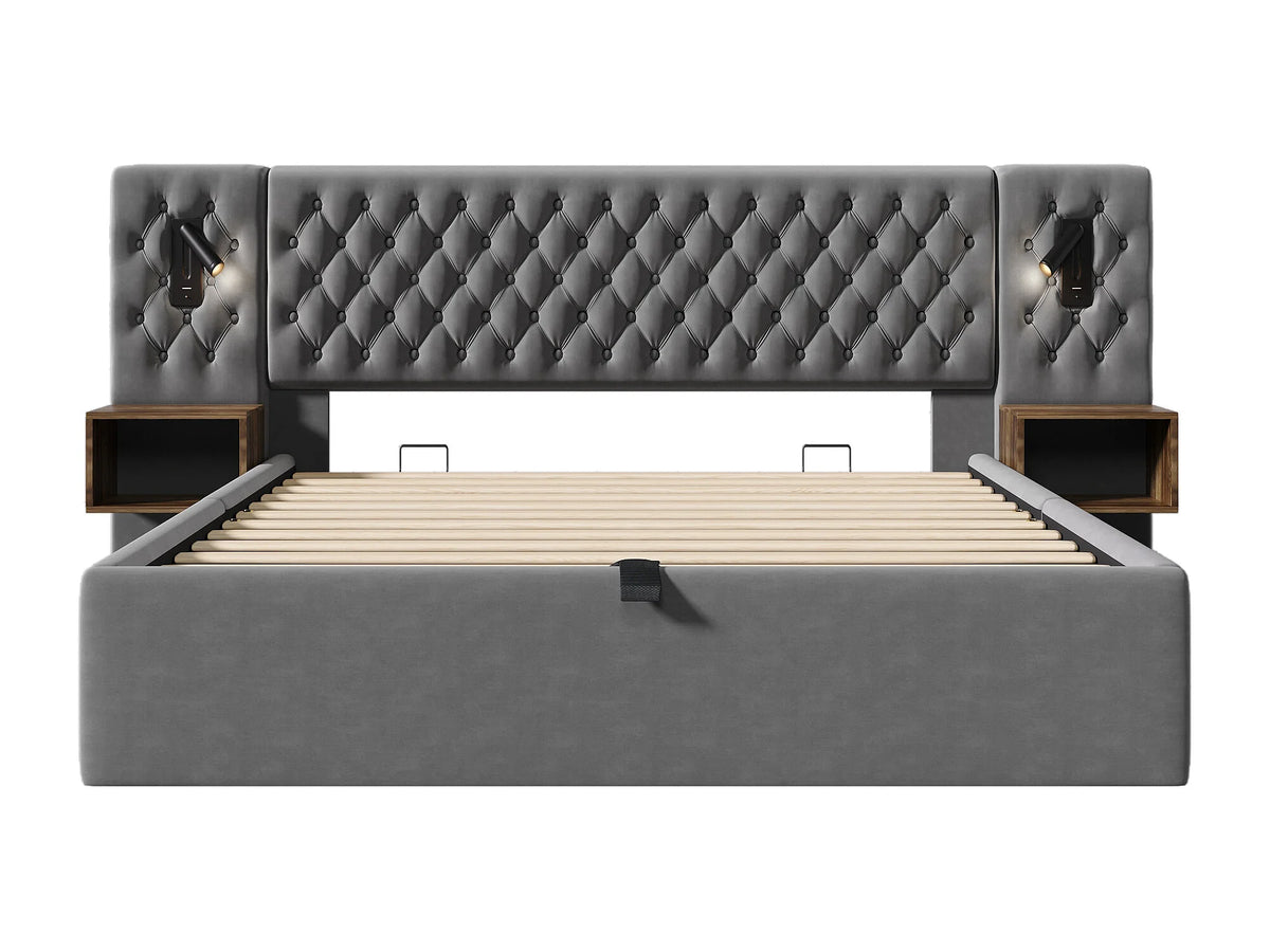 Lit Coffre 160x200 Velours Gris avec Chevets, LED et Port USB — vue 5
