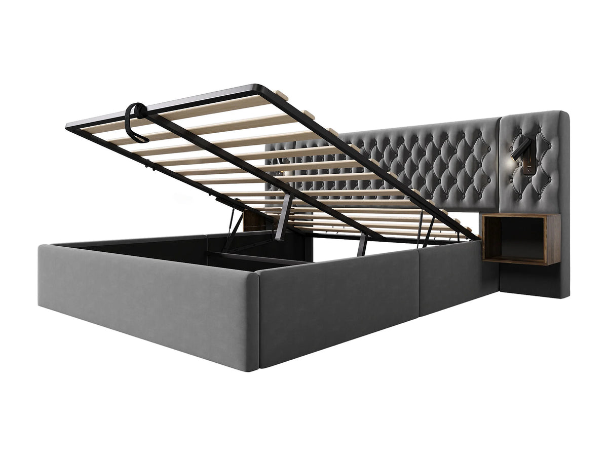 Lit Coffre 160x200 Velours Gris avec Chevets, LED et Port USB — vue 7