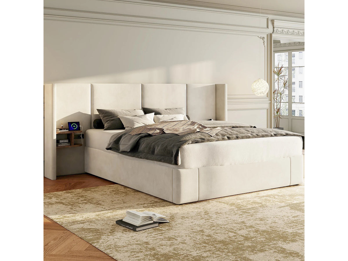 Lit Coffre 160x200 Velours Beige avec Chevets et Port USB — vue 2