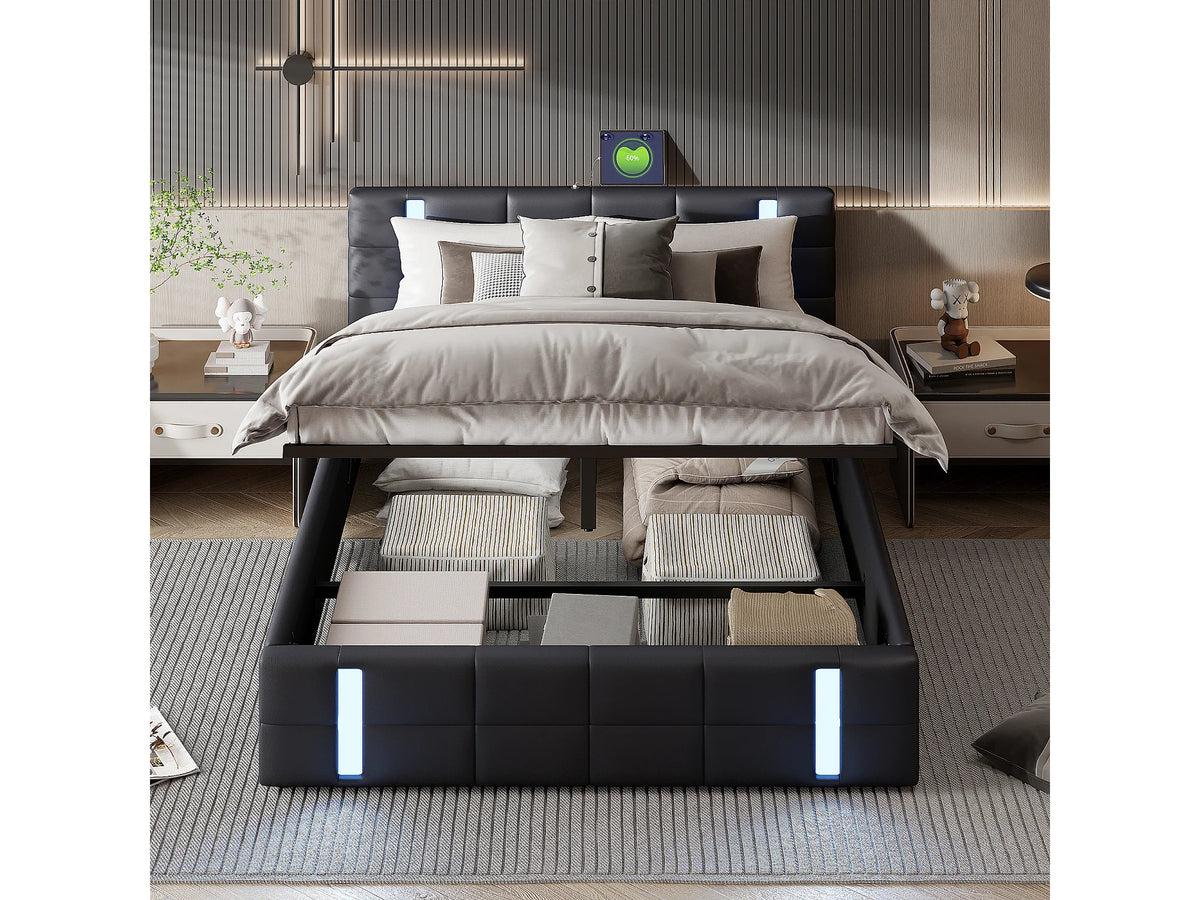 Lit Coffre 140x200 Simili Cuir Noir Capitonné avec LED et Port USB — vue 3