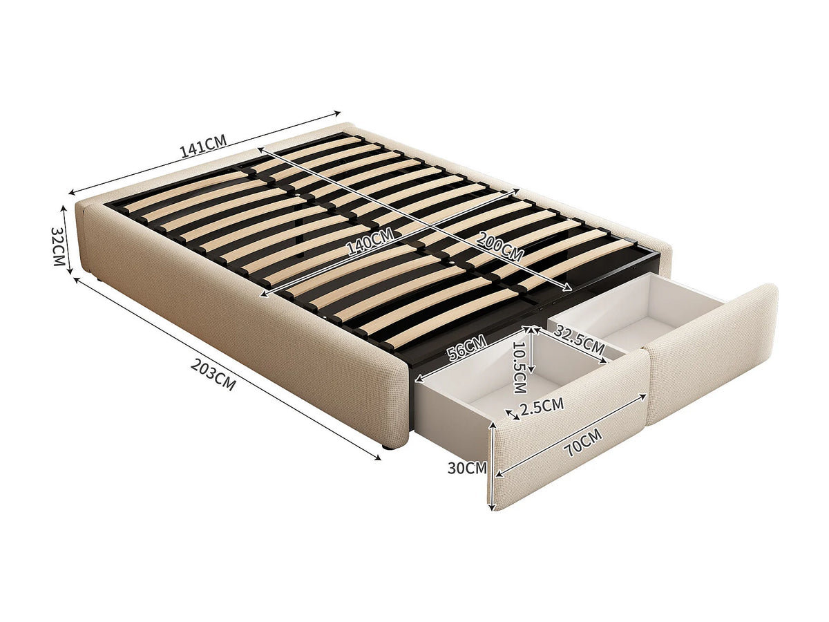 Lit Coffre 140x200 Tissu Lin Beige avec Tiroirs — vue 7