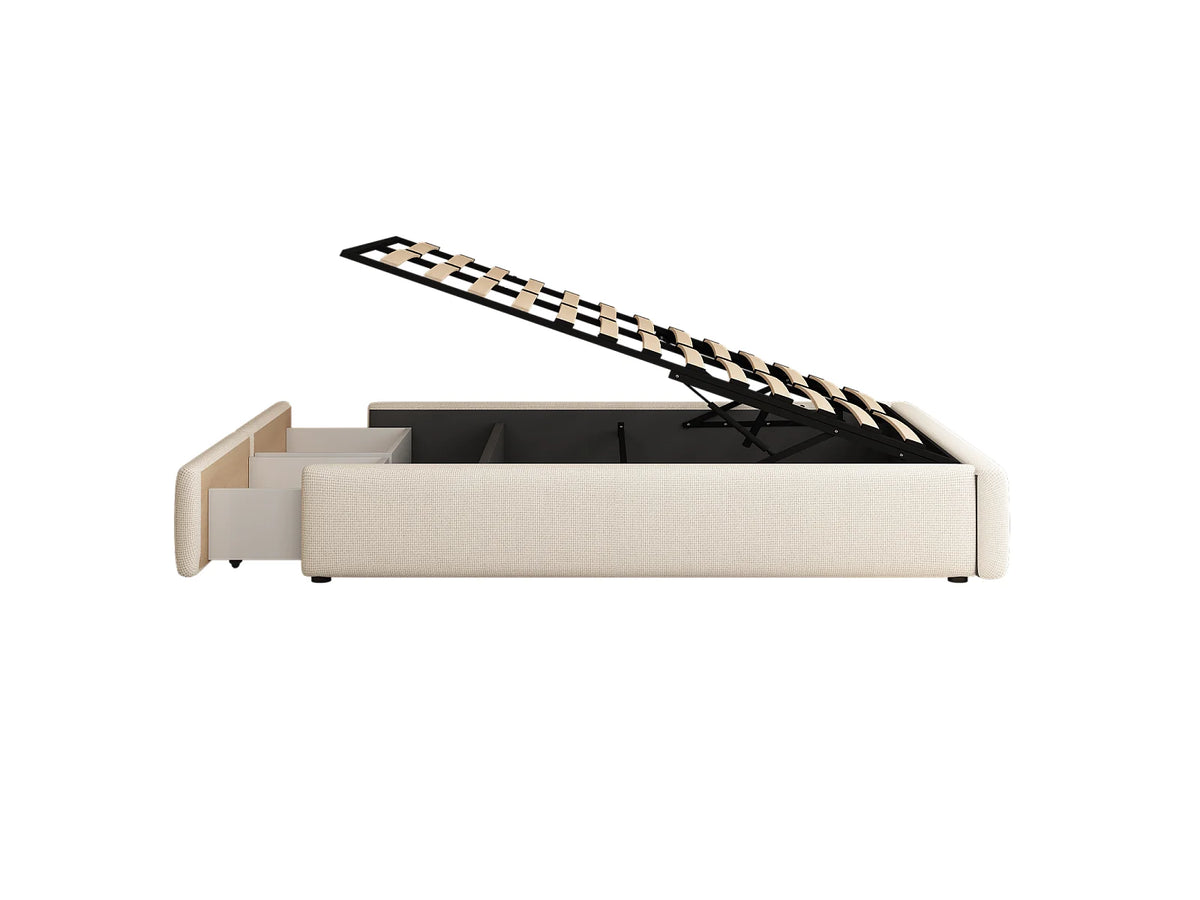 Lit Coffre 140x200 Tissu Lin Beige avec Tiroirs — vue 8
