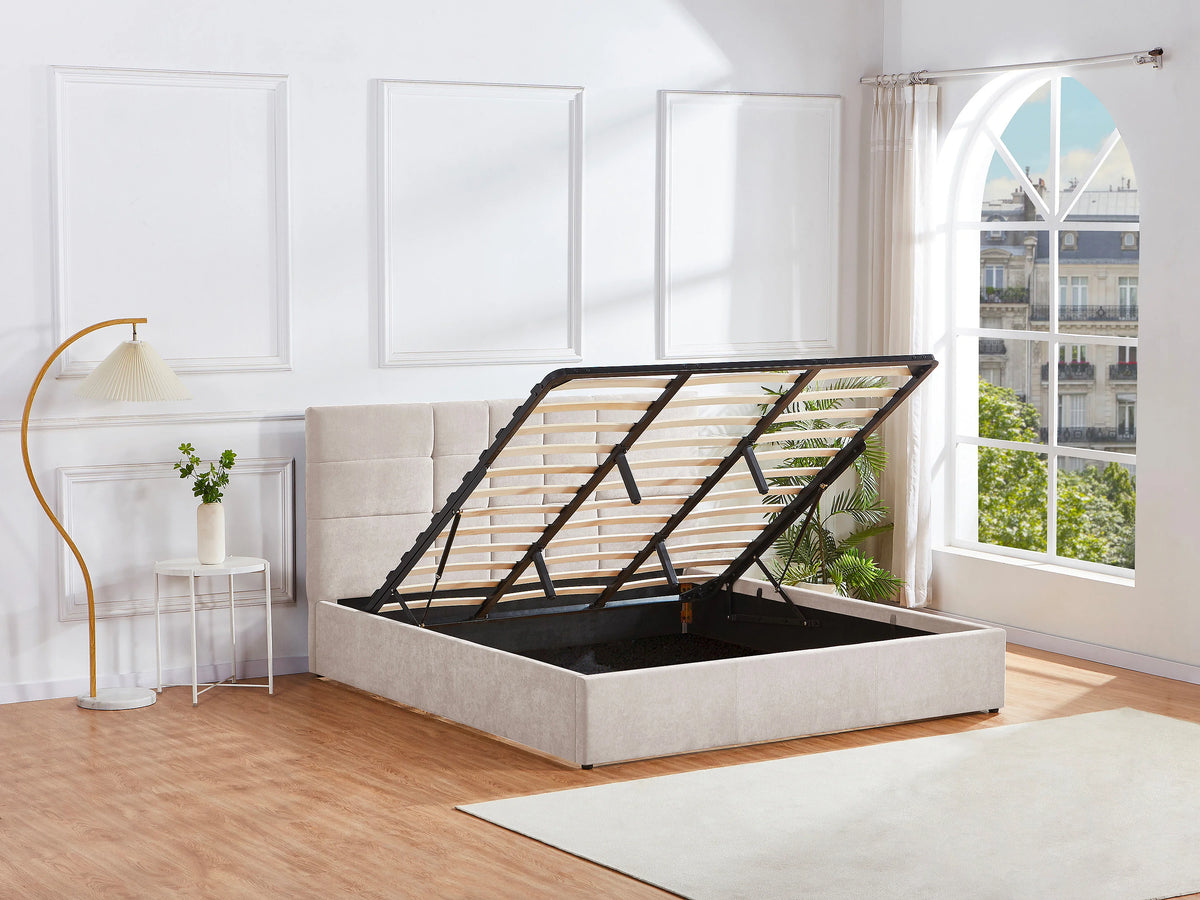 Lit Coffre 200x200 Tissu Beige Capitonné - HOPEYA — vue 3