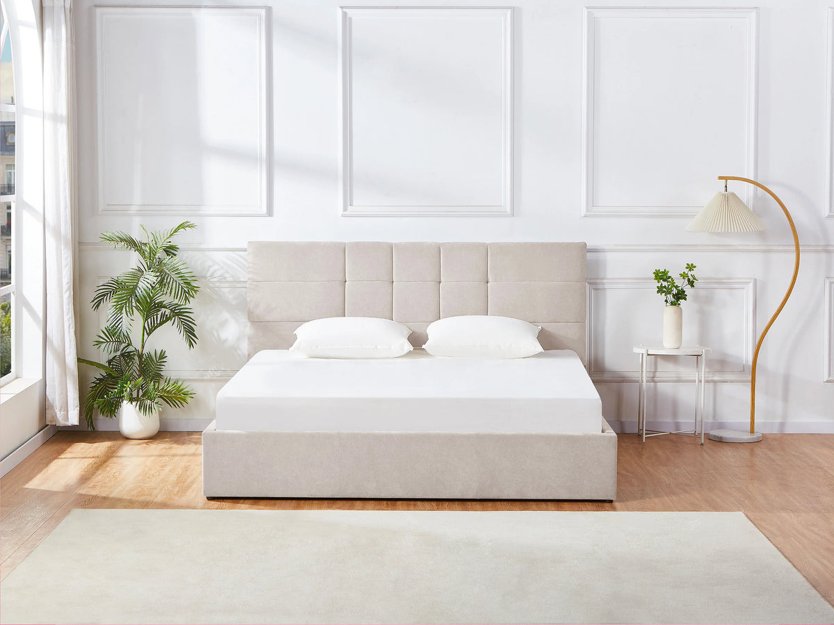 Lit Coffre 200x200 Tissu Beige Capitonné - HOPEYA — vue 2