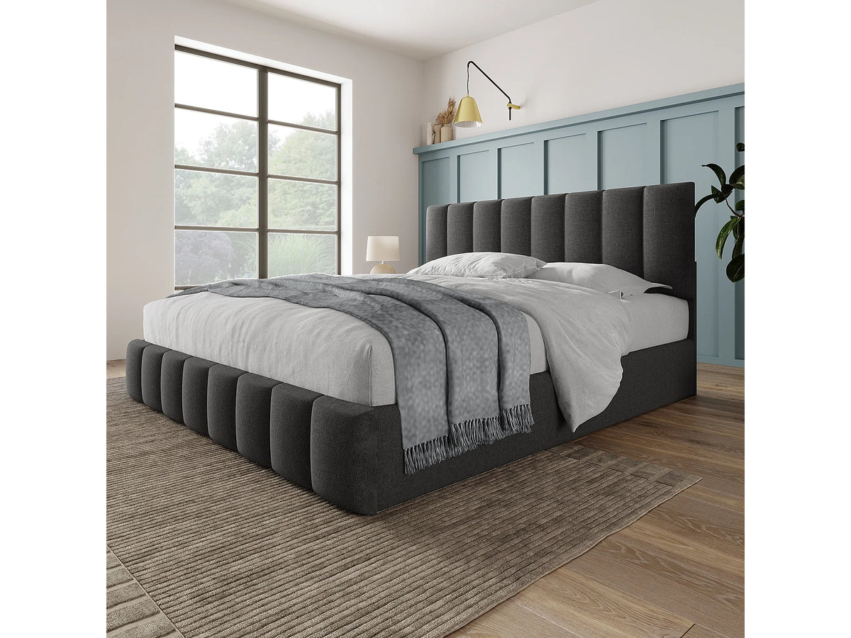 Lit Coffre 140x200 Tissu Lin Gris Capitonné — vue 3