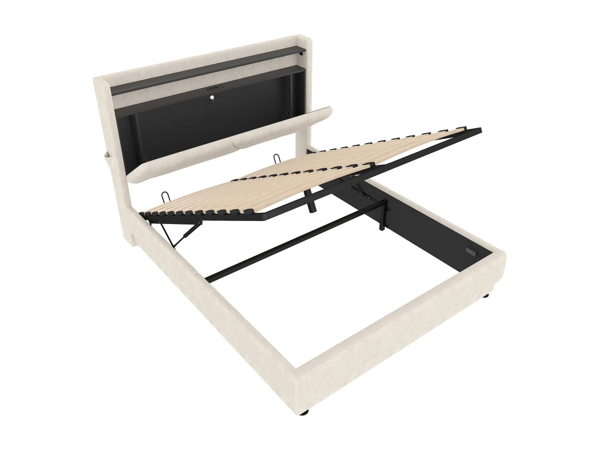 Lit Coffre 140x200 Velours Beige avec Chevets, LED et Port USB — vue 5