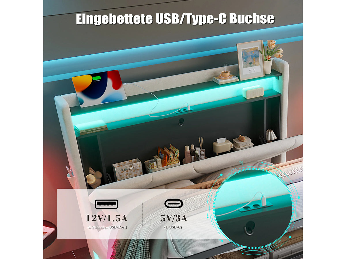Lit Coffre 140x200 Velours Beige avec Chevets, LED et Port USB — vue 7