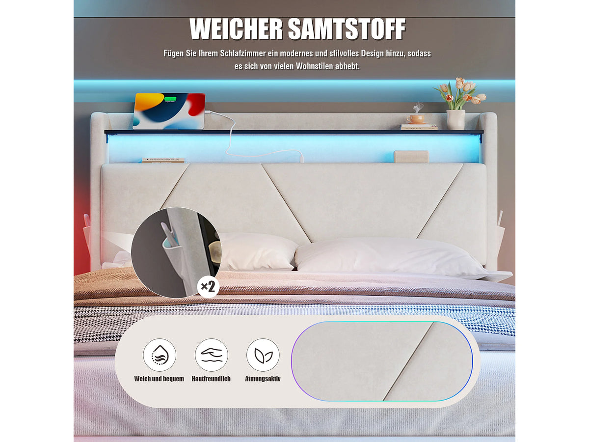 Lit Coffre 140x200 Velours Beige avec Chevets, LED et Port USB — vue 9