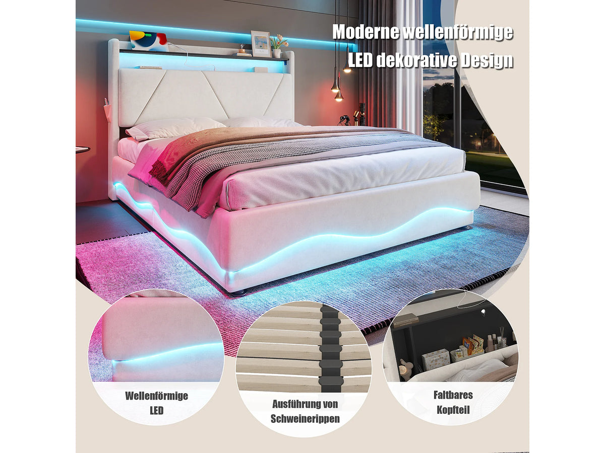 Lit Coffre 140x200 Velours Beige avec Chevets, LED et Port USB — vue 10
