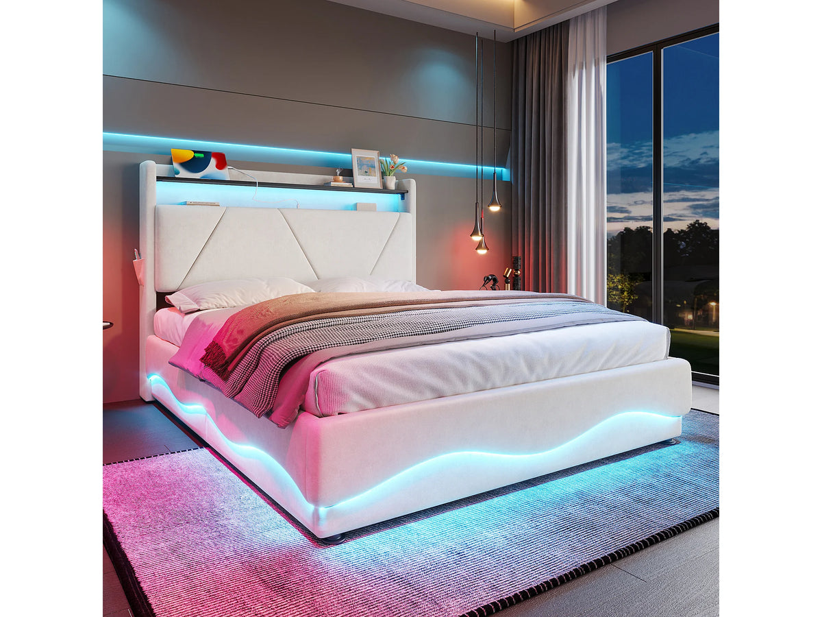 Lit Coffre 140x200 Velours Beige avec Chevets, LED et Port USB — vue 3