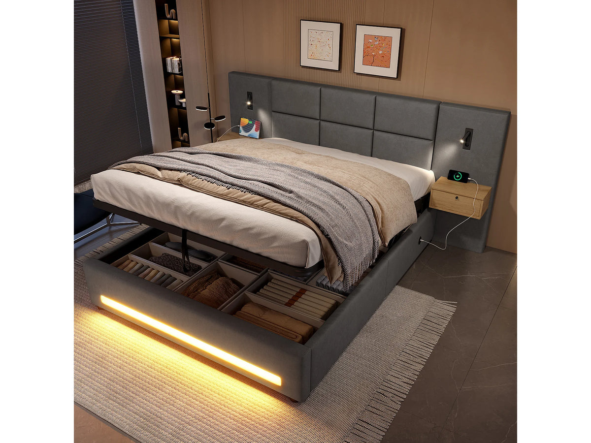 Lit Coffre 180x200 Velours Gris avec Chevets, LED, Tiroirs et Port USB