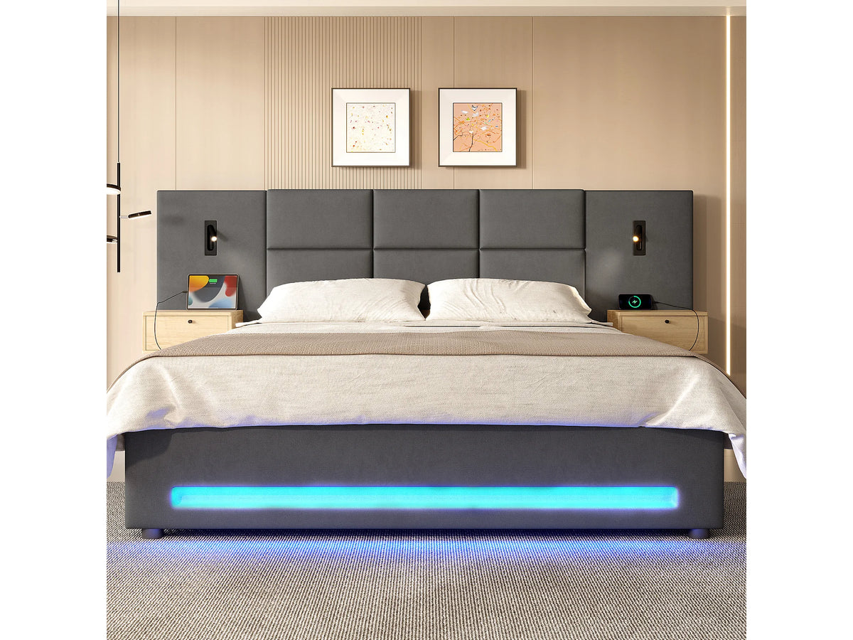 Lit Coffre 180x200 Velours Gris avec Chevets, LED, Tiroirs et Port USB — vue 3
