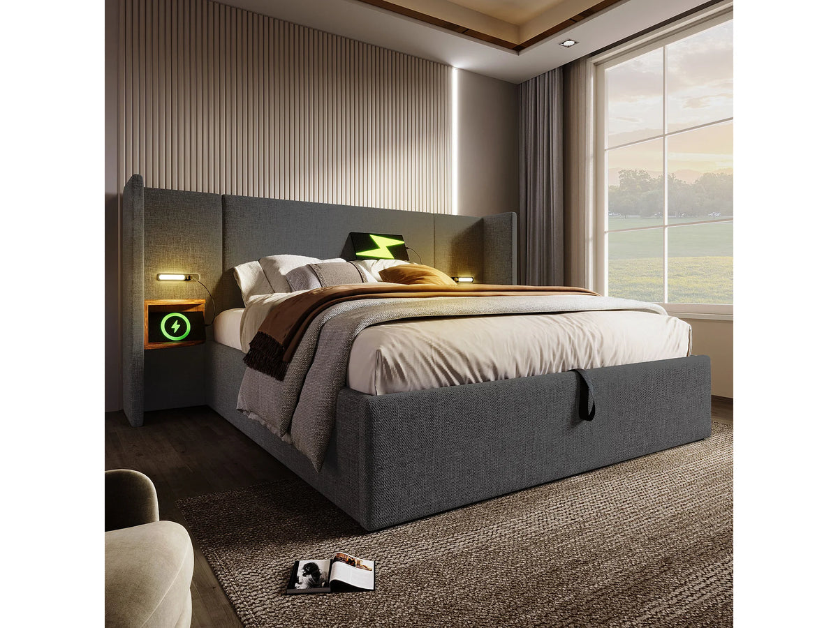 Lit Coffre 160x200 Tissu Lin Gris avec Chevets et Port USB