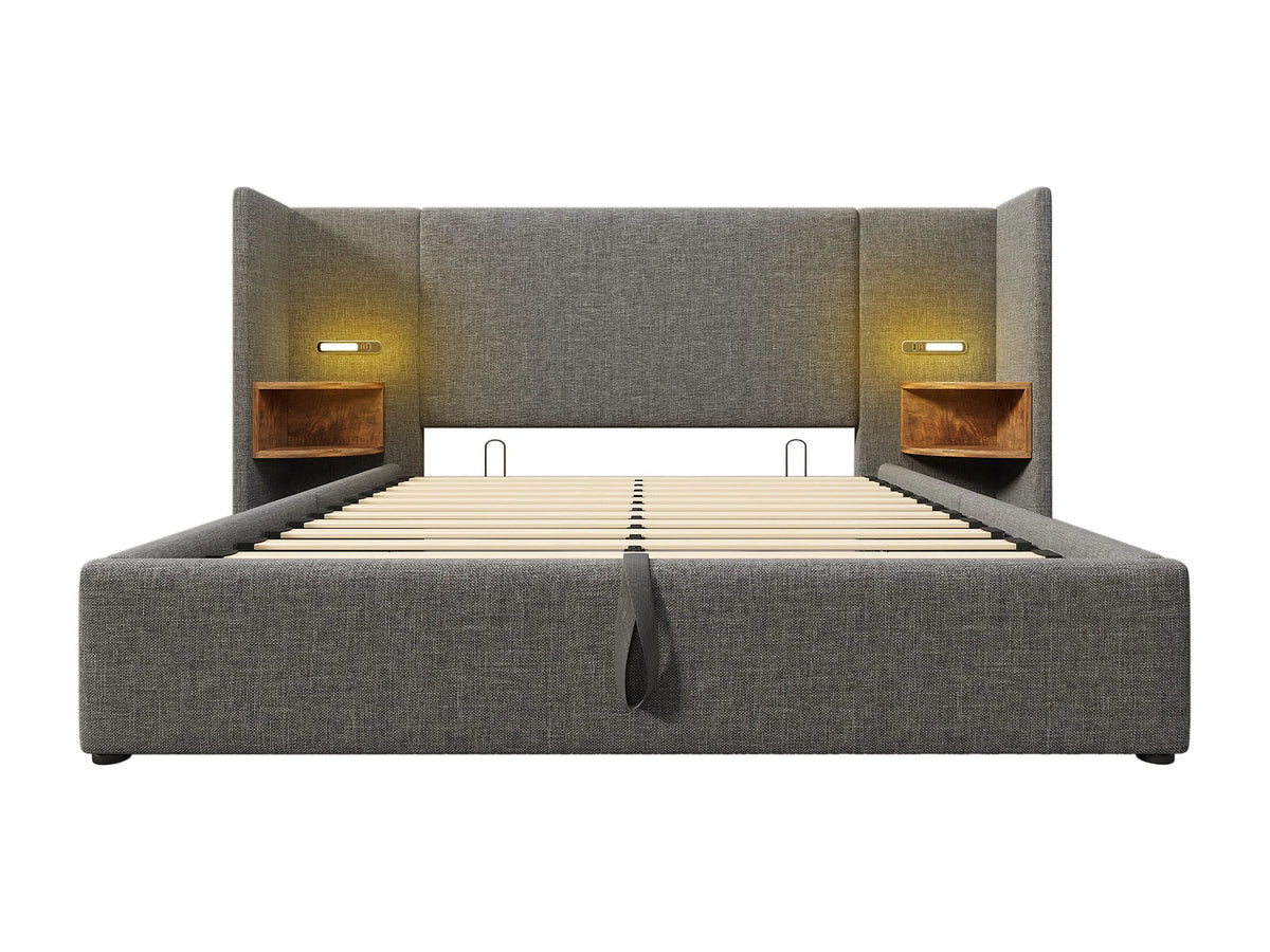 Lit Coffre 160x200 Tissu Lin Gris avec Chevets et Port USB — vue 3
