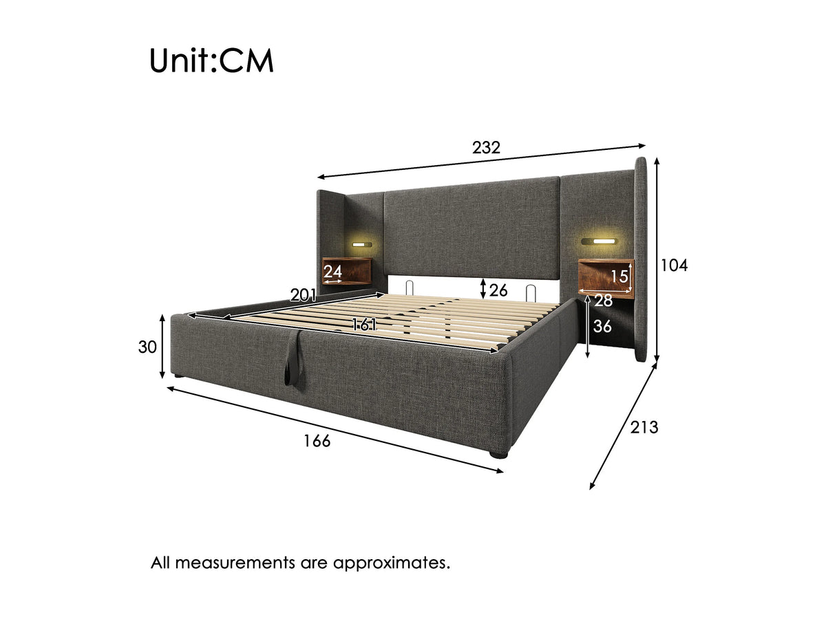 Lit Coffre 160x200 Tissu Lin Gris avec Chevets et Port USB — vue 6