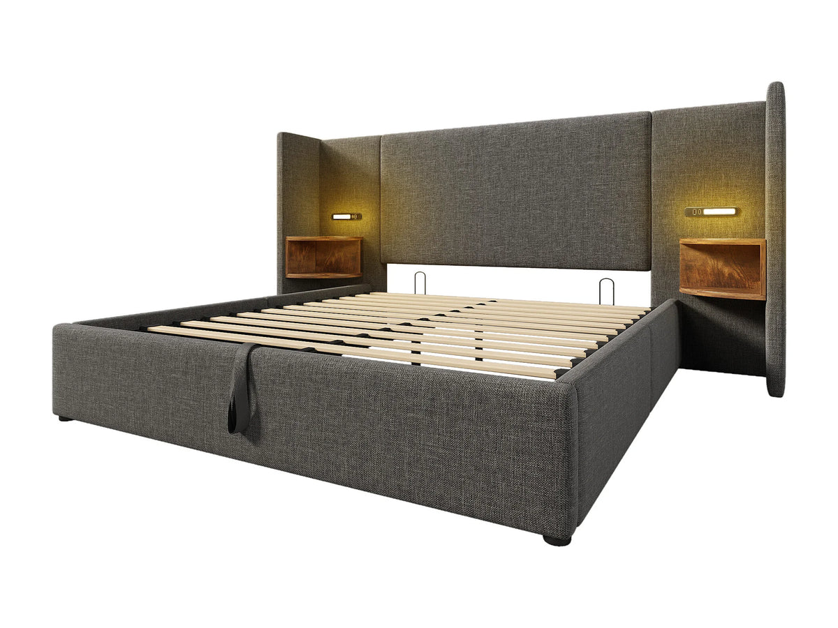 Lit Coffre 160x200 Tissu Lin Gris avec Chevets et Port USB — vue 4