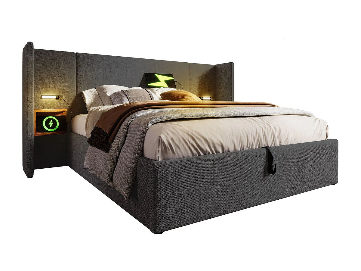 Lit Coffre 160x200 Tissu Lin Gris avec Chevets et Port USB — vue 5