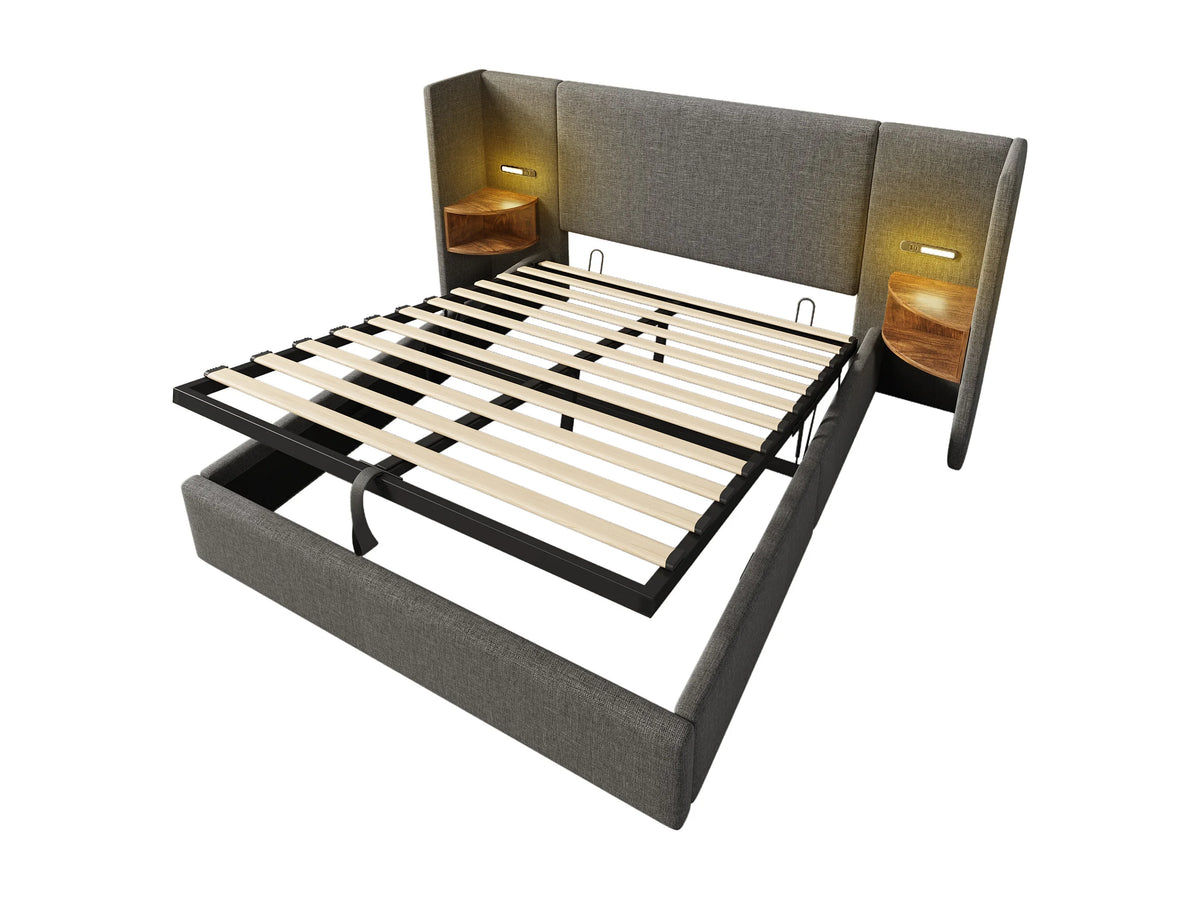 Lit Coffre 160x200 Tissu Lin Gris avec Chevets et Port USB — vue 10
