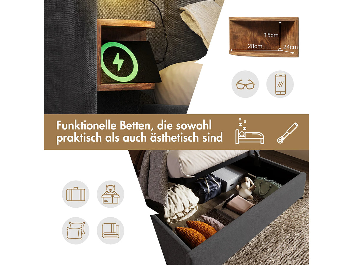 Lit Coffre 160x200 Tissu Lin Gris avec Chevets et Port USB — vue 7