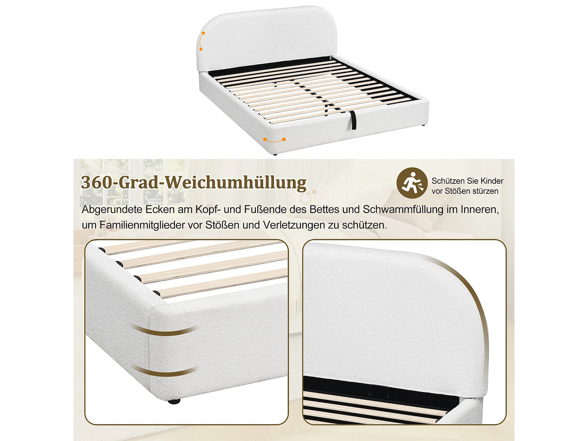 Lit Coffre 180x200 Tissu Bouclette Beige Capitonné — vue 9
