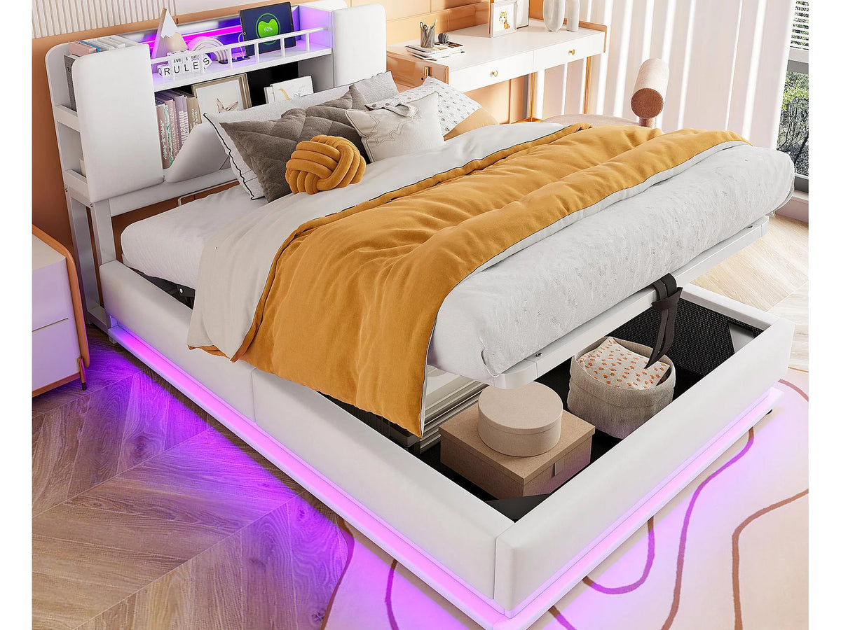 Lit Coffre 90x200 Velours Beige Capitonné avec LED et Port USB