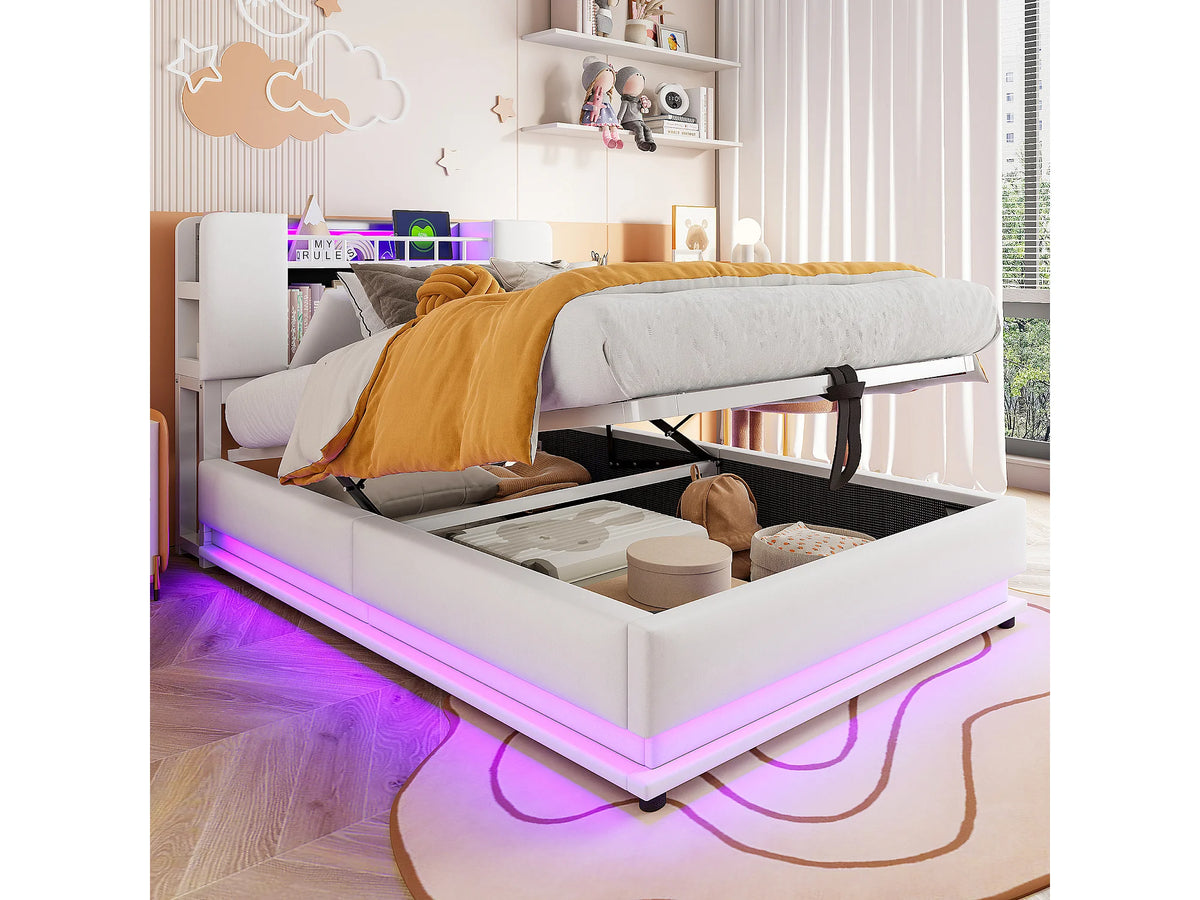 Lit Coffre 90x200 Velours Beige Capitonné avec LED et Port USB — vue 2