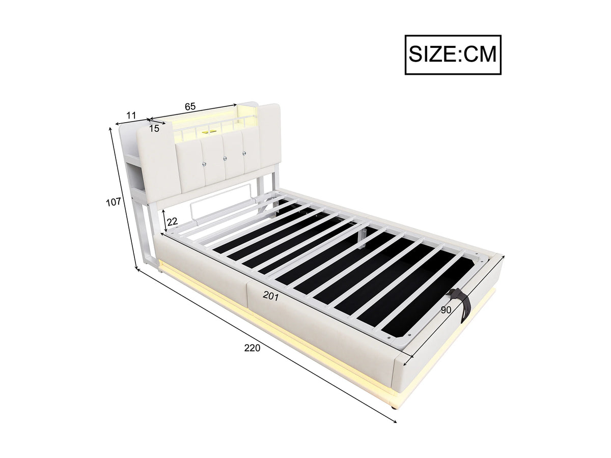 Lit Coffre 90x200 Velours Beige Capitonné avec LED et Port USB — vue 8