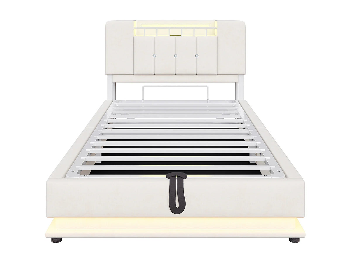 Lit Coffre 90x200 Velours Beige Capitonné avec LED et Port USB — vue 5