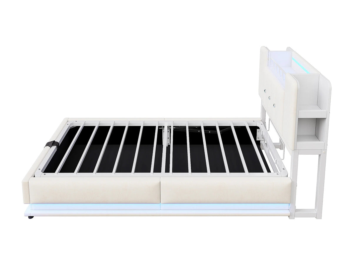 Lit Coffre 90x200 Velours Beige Capitonné avec LED et Port USB — vue 7