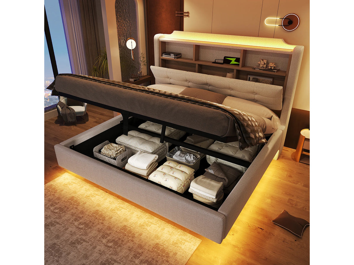 Lit Coffre 140x200 Tissu Lin Beige Capitonné avec LED et Port USB