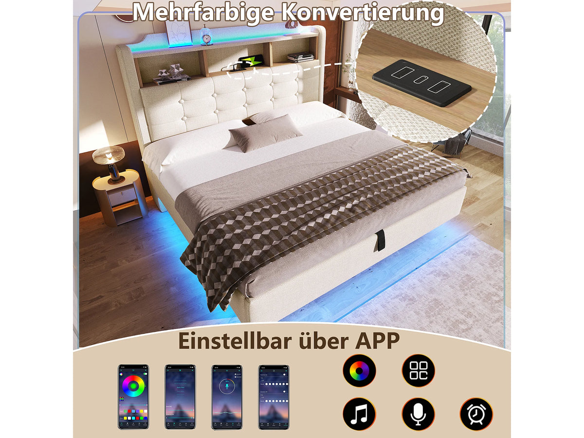 Lit Coffre 140x200 Tissu Lin Beige Capitonné avec LED et Port USB — vue 7
