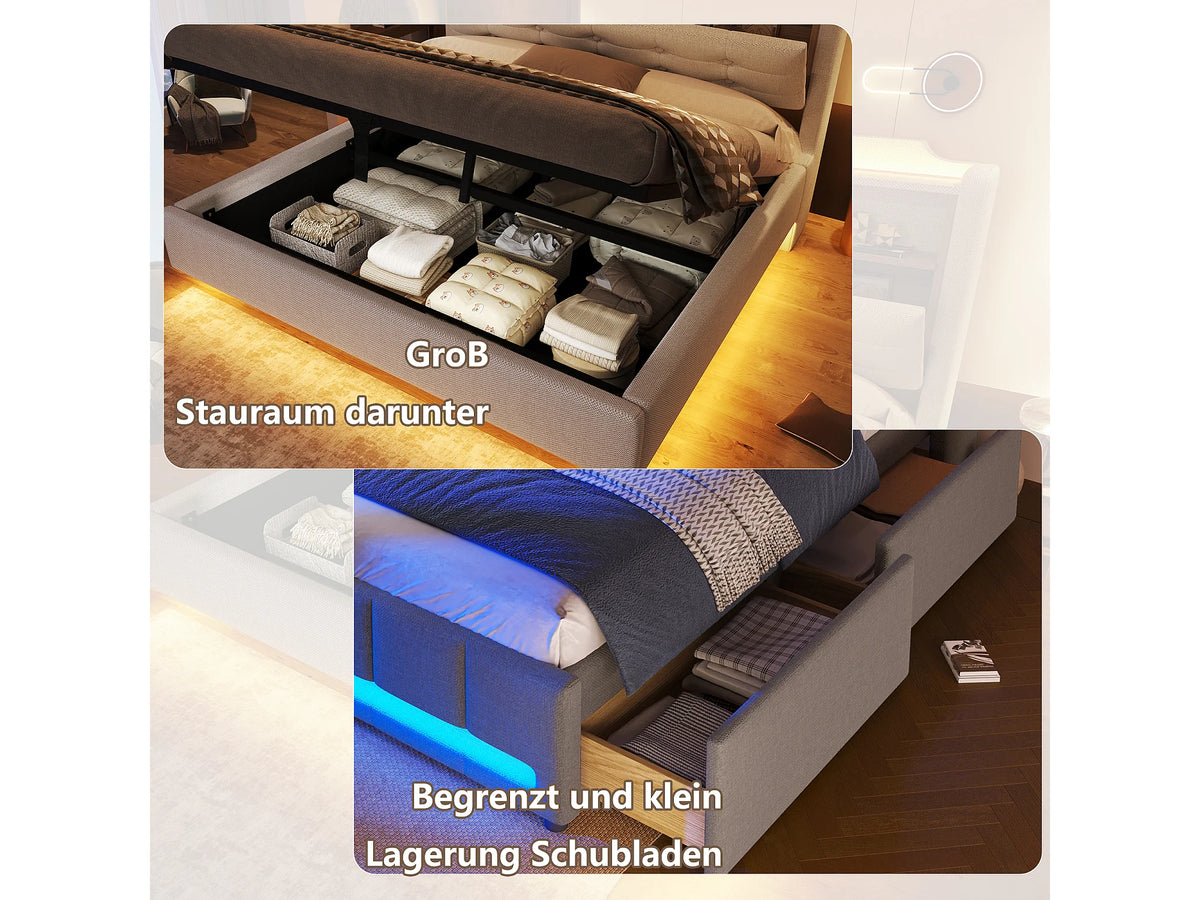 Lit Coffre 140x200 Tissu Lin Beige Capitonné avec LED et Port USB — vue 8