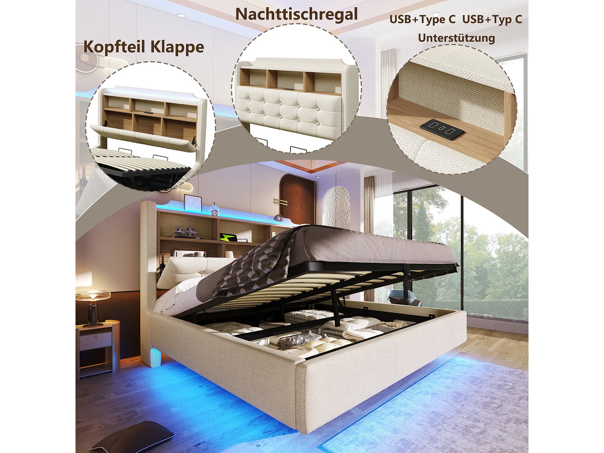 Lit Coffre 140x200 Tissu Lin Beige Capitonné avec LED et Port USB — vue 9