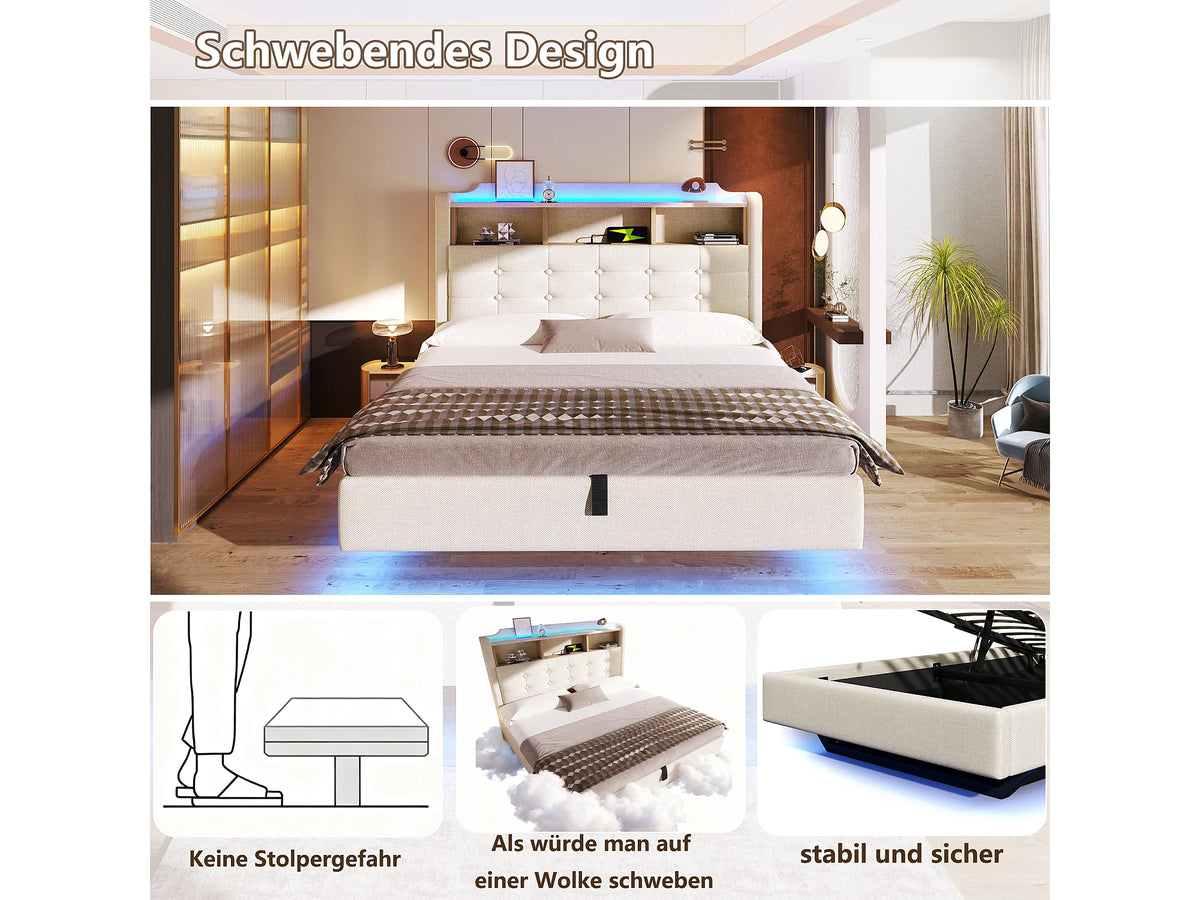 Lit Coffre 140x200 Tissu Lin Beige Capitonné avec LED et Port USB — vue 10
