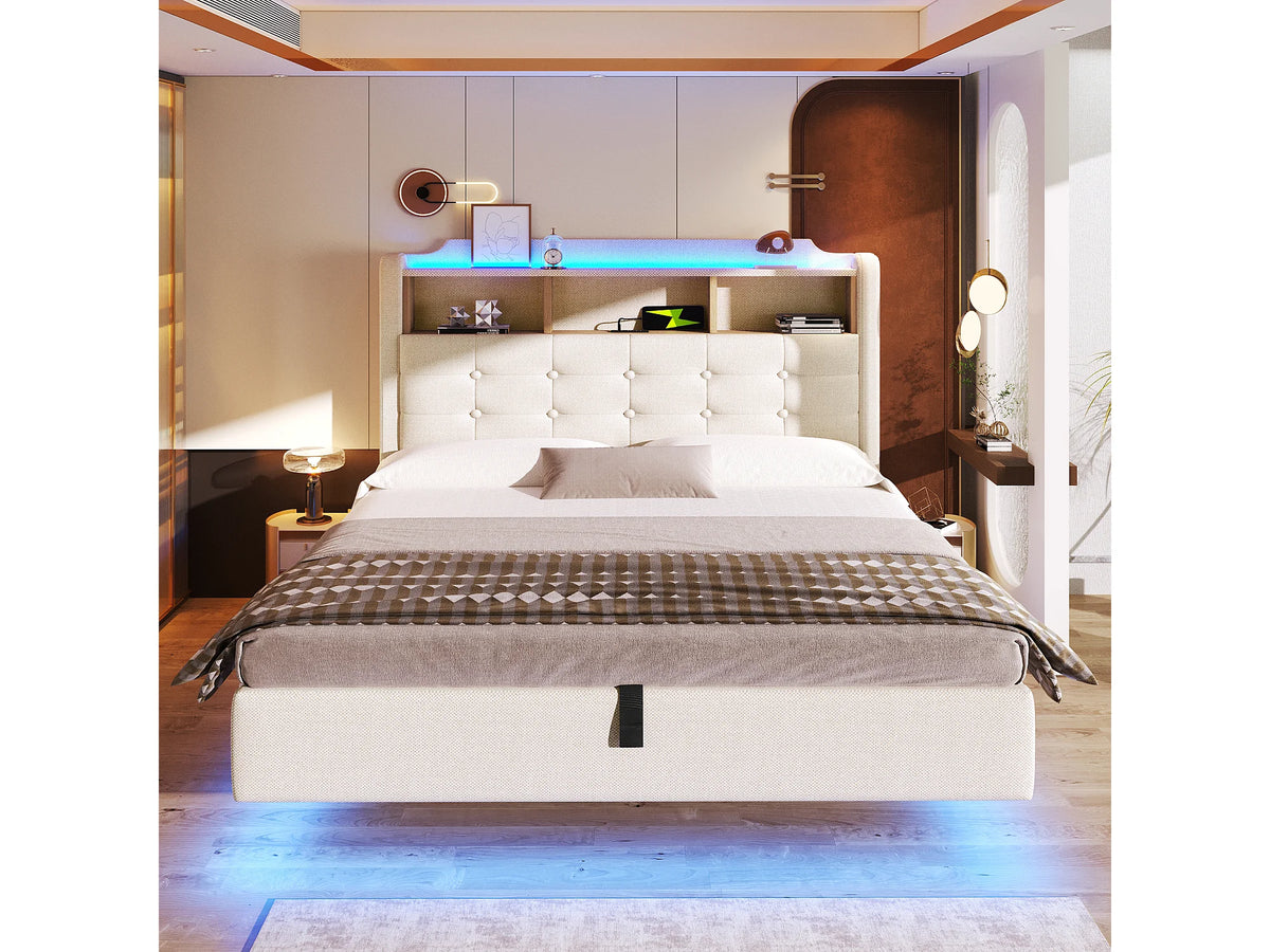 Lit Coffre 140x200 Tissu Lin Beige Capitonné avec LED et Port USB — vue 2