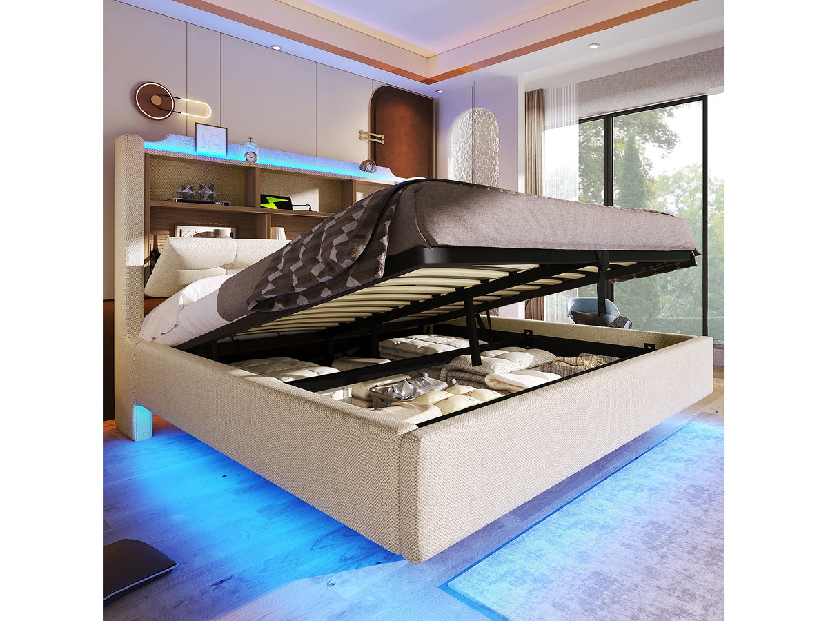 Lit Coffre 140x200 Tissu Lin Beige Capitonné avec LED et Port USB — vue 3