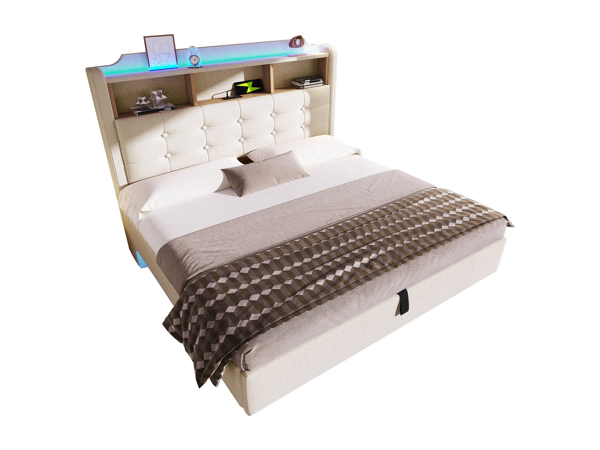 Lit Coffre 140x200 Tissu Lin Beige Capitonné avec LED et Port USB — vue 5