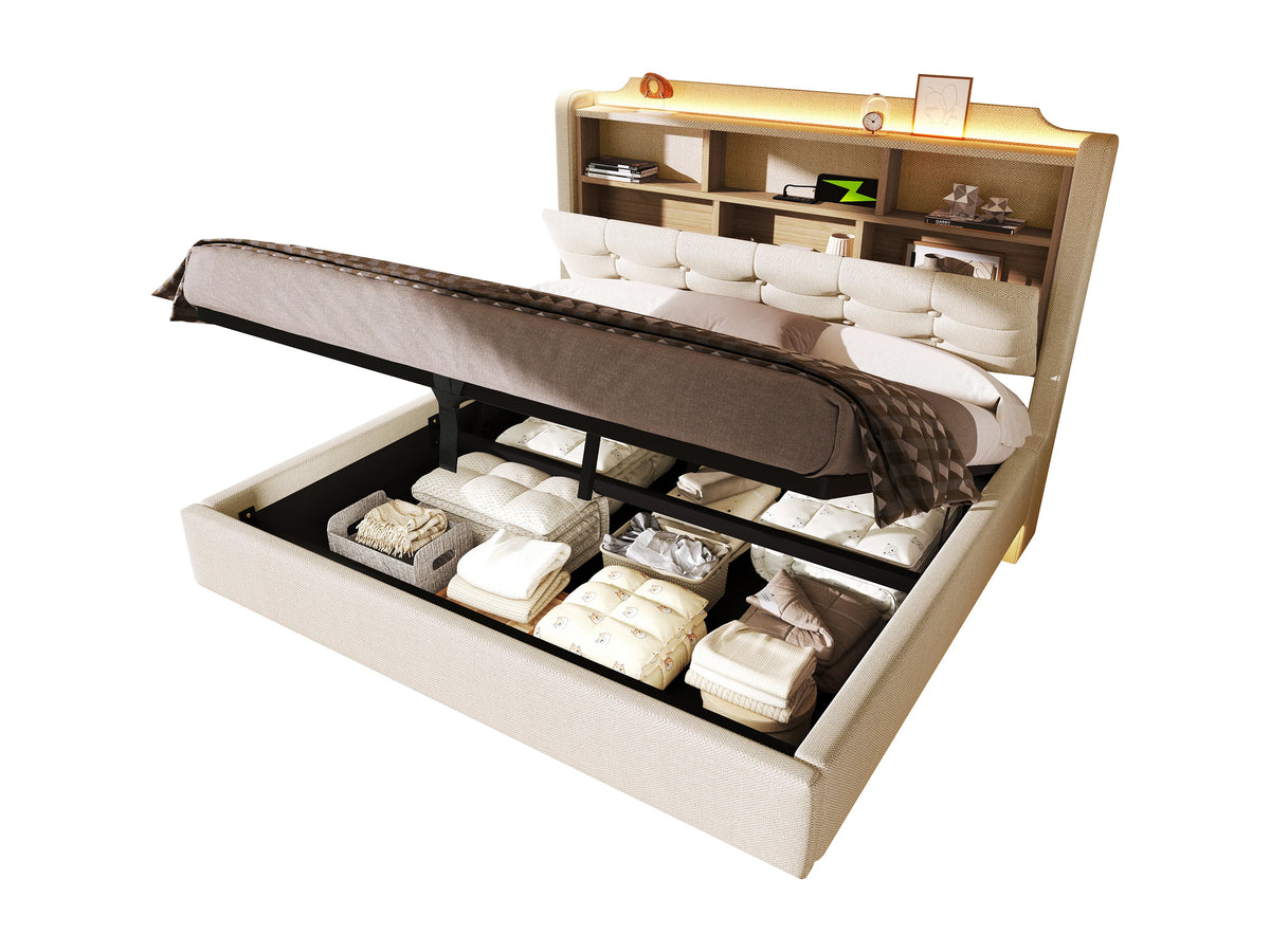 Lit Coffre 140x200 Tissu Lin Beige Capitonné avec LED et Port USB — vue 6