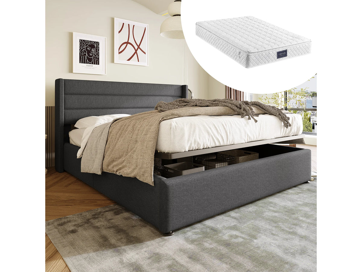 Lit Coffre 160x200 Tissu Lin Gris avec Matelas