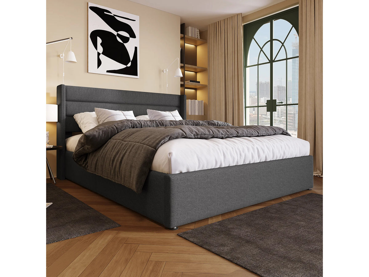 Lit Coffre 160x200 Tissu Lin Gris avec Matelas — vue 3