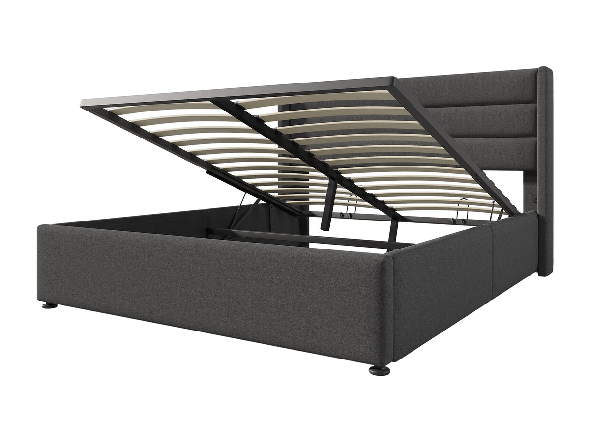 Lit Coffre 160x200 Tissu Lin Gris avec Matelas — vue 4