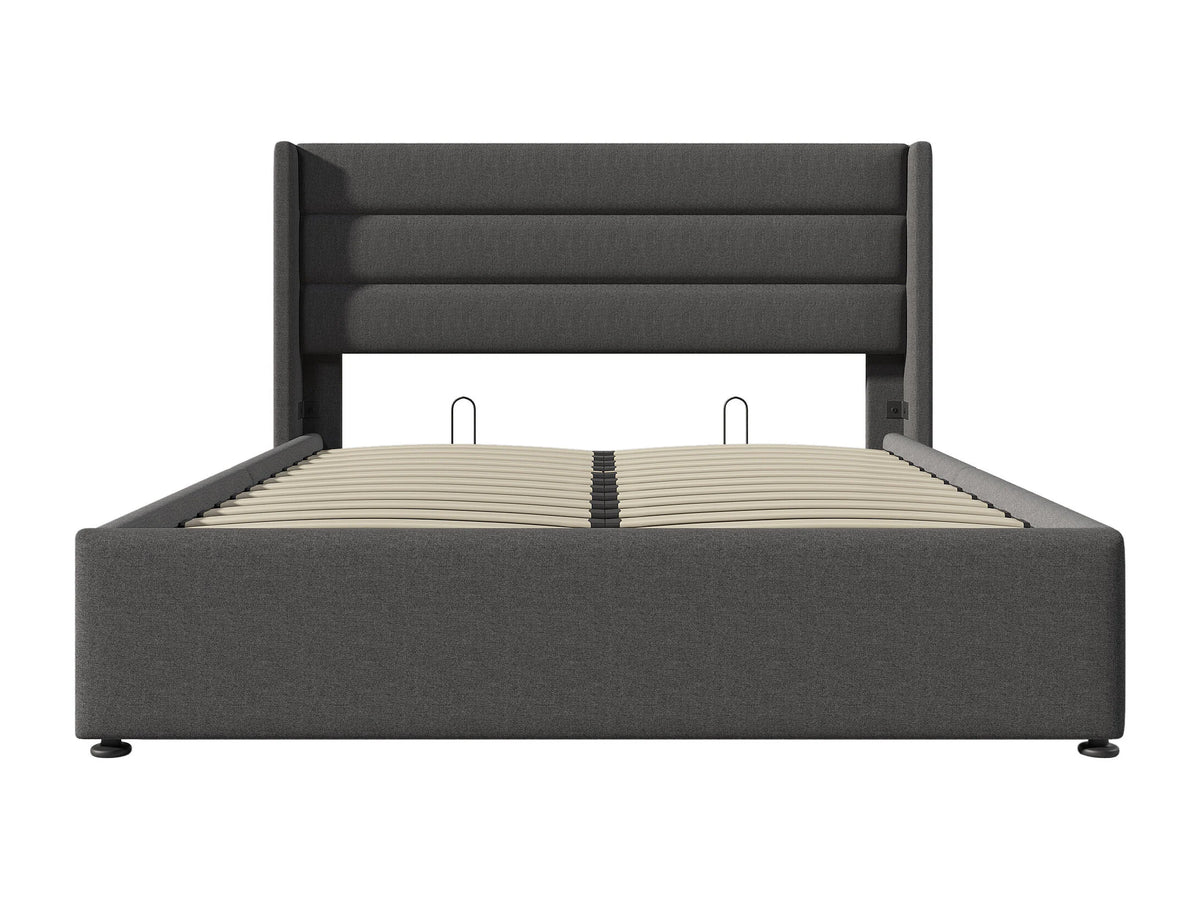 Lit Coffre 160x200 Tissu Lin Gris avec Matelas — vue 5