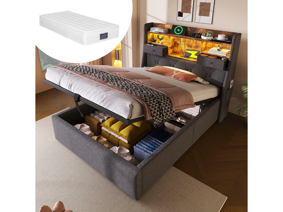 Lit Coffre 90x200 Tissu Lin Gris avec Matelas, LED, Tiroirs et Port USB — vue 2