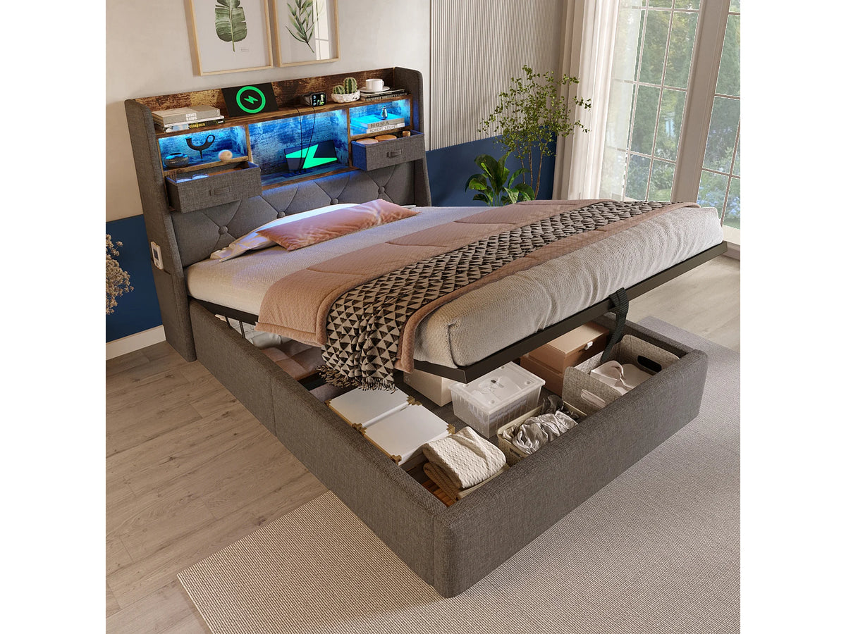 Lit Coffre 90x200 Tissu Lin Gris avec Matelas, LED, Tiroirs et Port USB