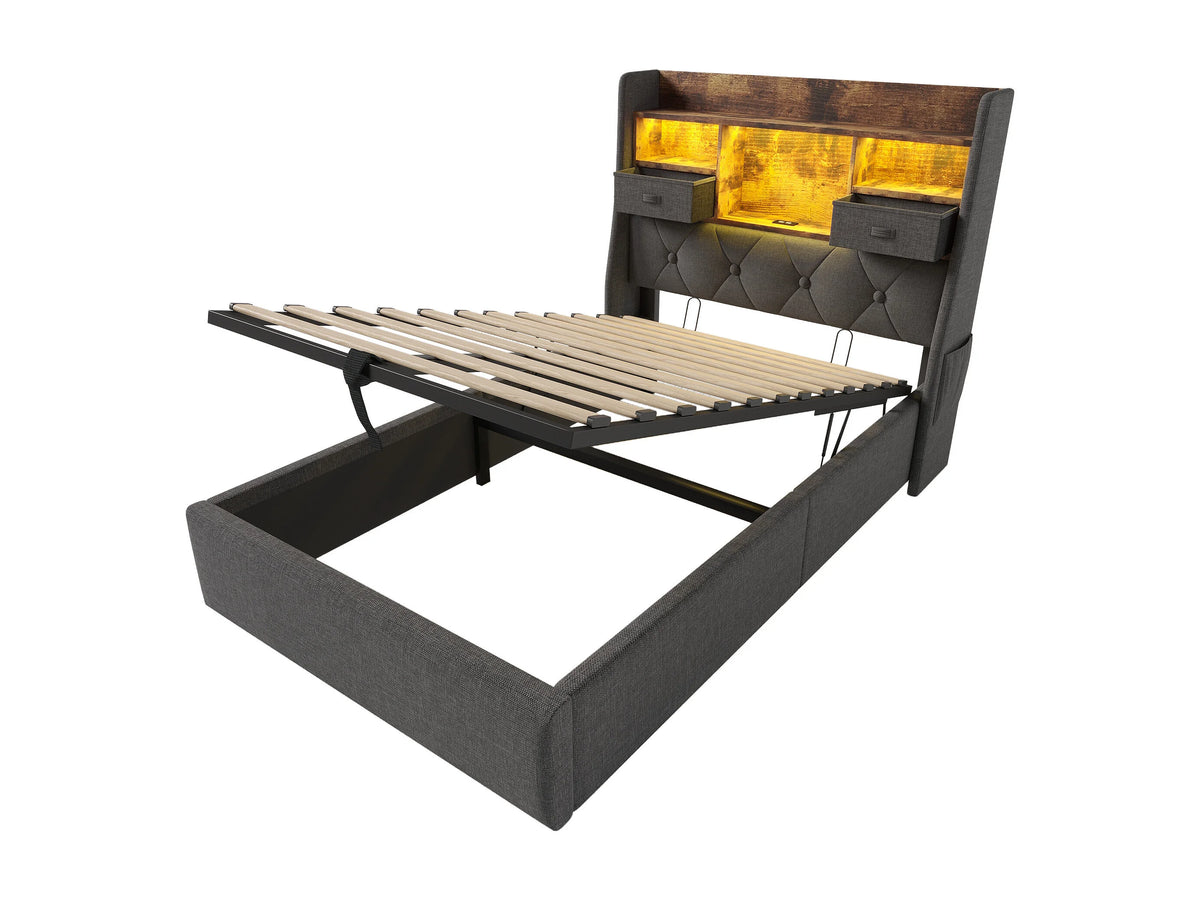 Lit Coffre 90x200 Tissu Lin Gris avec Matelas, LED, Tiroirs et Port USB — vue 4