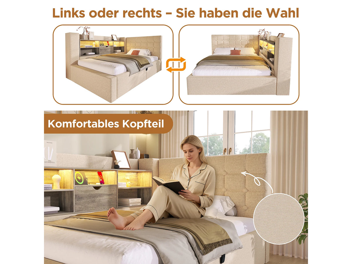 Lit Coffre 140x190 Tissu Lin Beige avec LED — vue 7