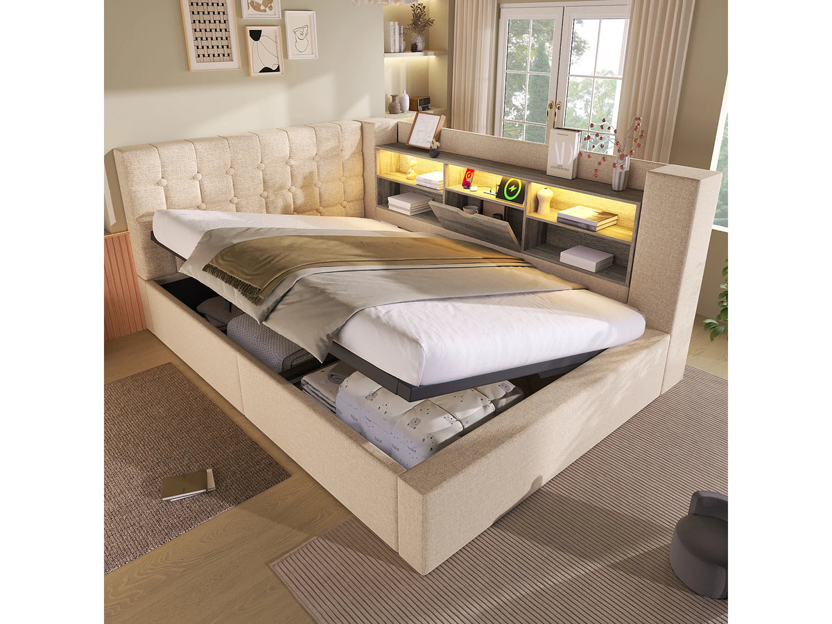 Lit Coffre 140x190 Tissu Lin Beige avec LED — vue 2