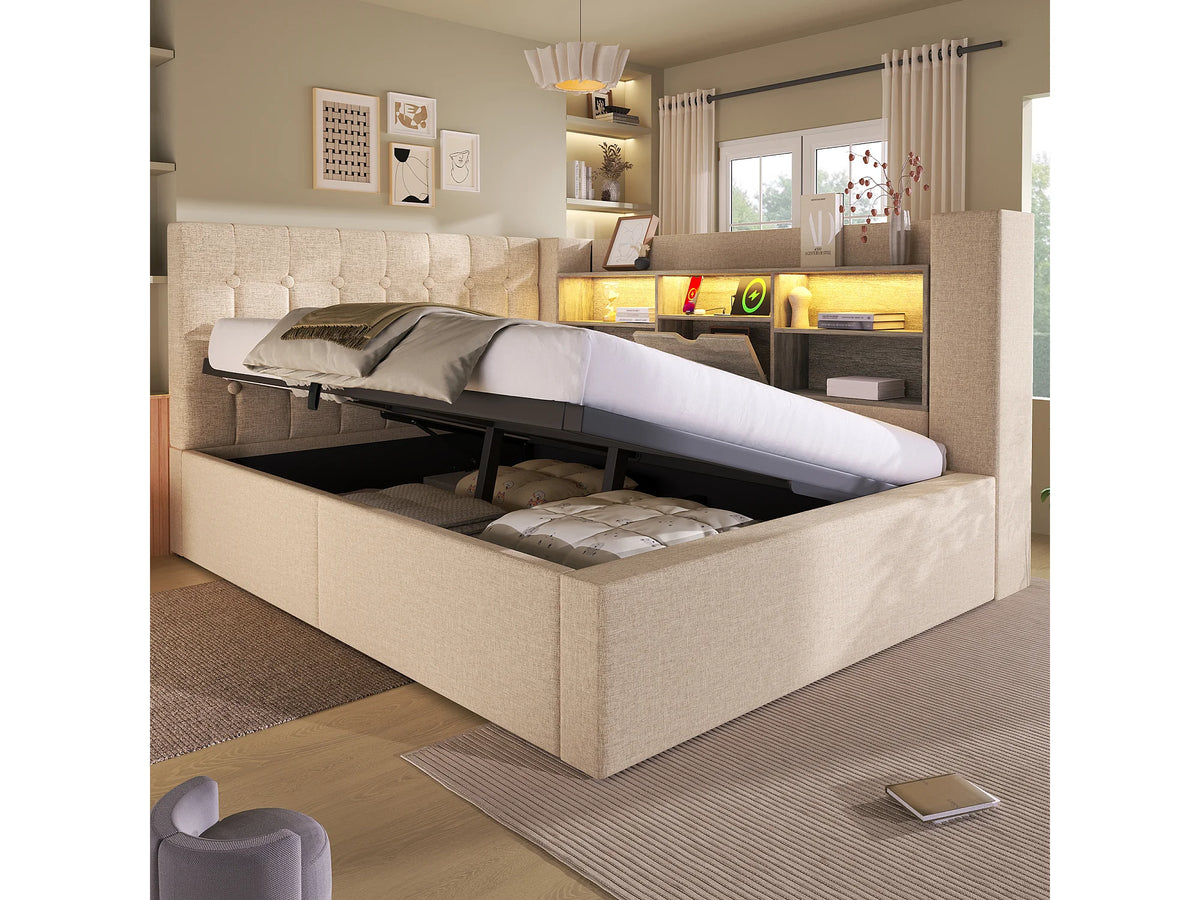 Lit Coffre 140x190 Tissu Lin Beige avec LED — vue 3