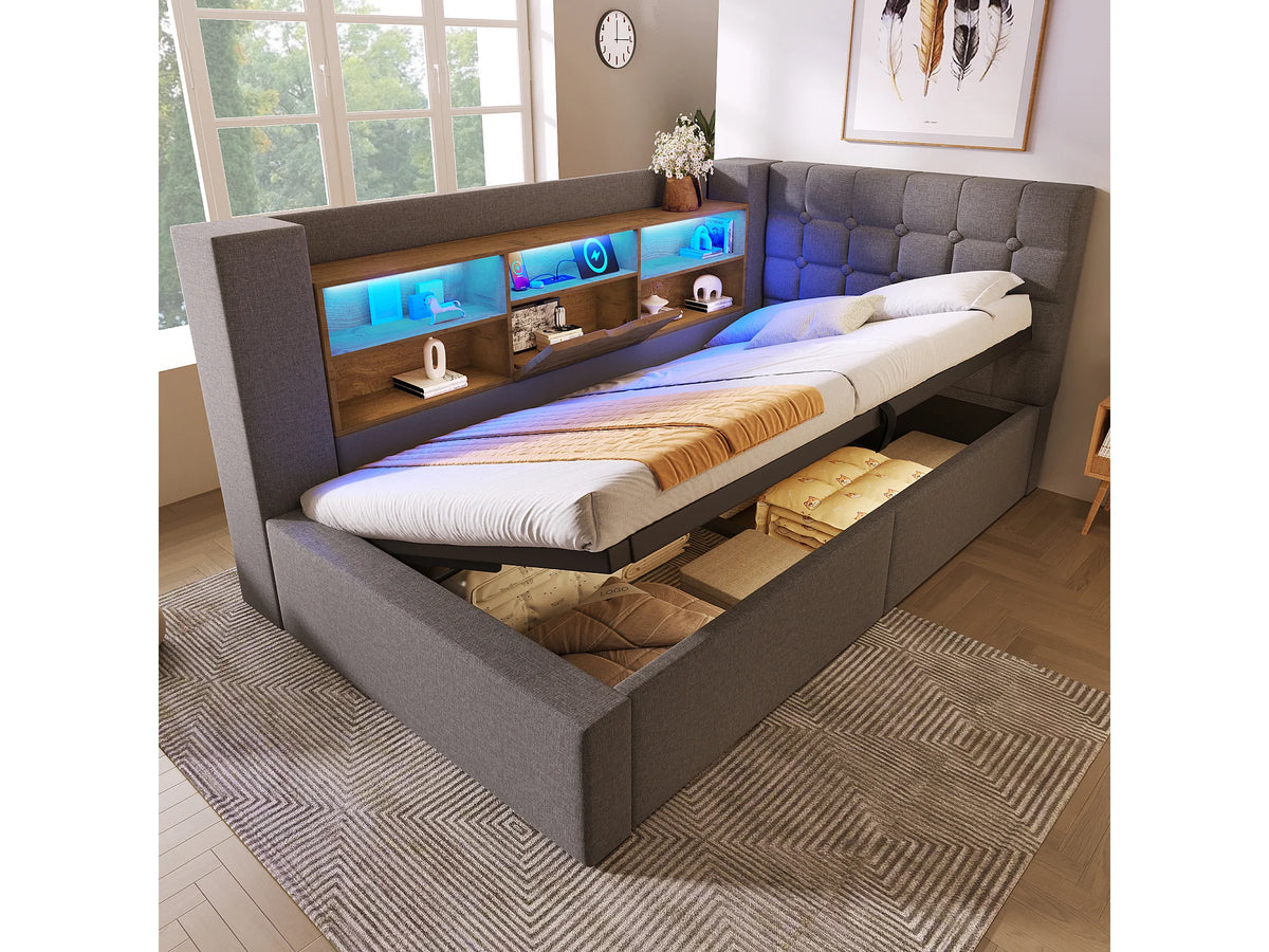 Lit Coffre 90x190 Tissu Lin Gris avec LED